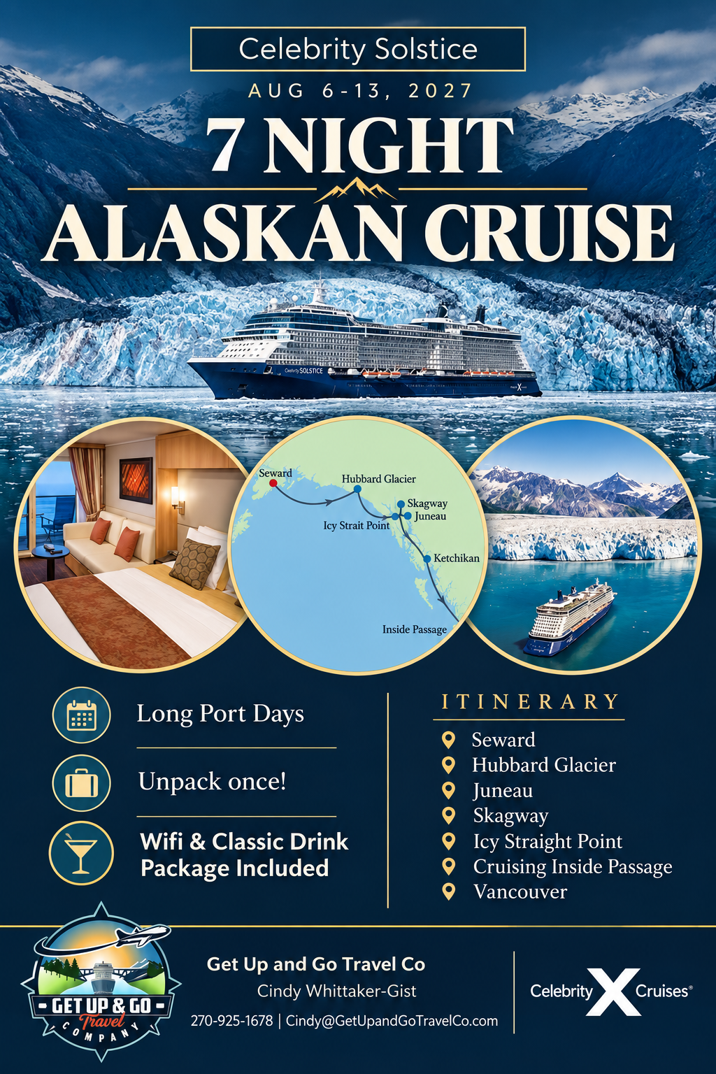Celebrity Solstice seven-night Alaska group cruise, August 6–13, 2027, with Wi-Fi and Classic Drink Package included